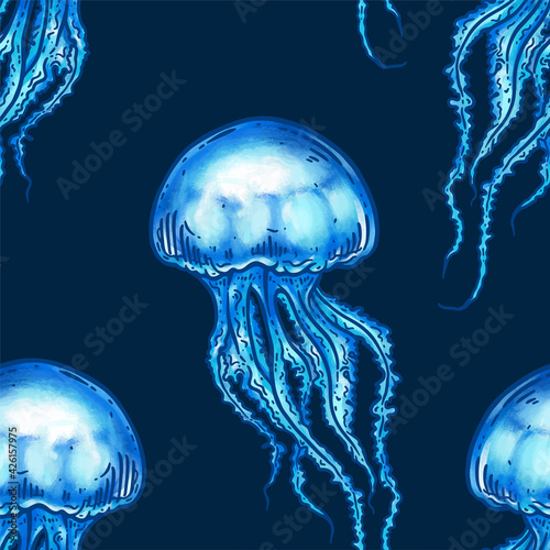 Hand drawn jellyfish seamless pattern background illustration