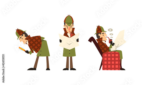 Sherlock Holmes Character Investigating Crime, Detective Man in Vintage Clothes Smoking Pipe Vector Illustration