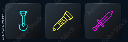 Set line Sapper shovel, Sword and Flashlight. Black square button. Vector