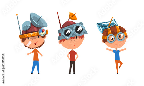 Kids Wearing Steampunk Headgear and Goggles Set, Scientist Children Working on Science Experiments Vector Illustration