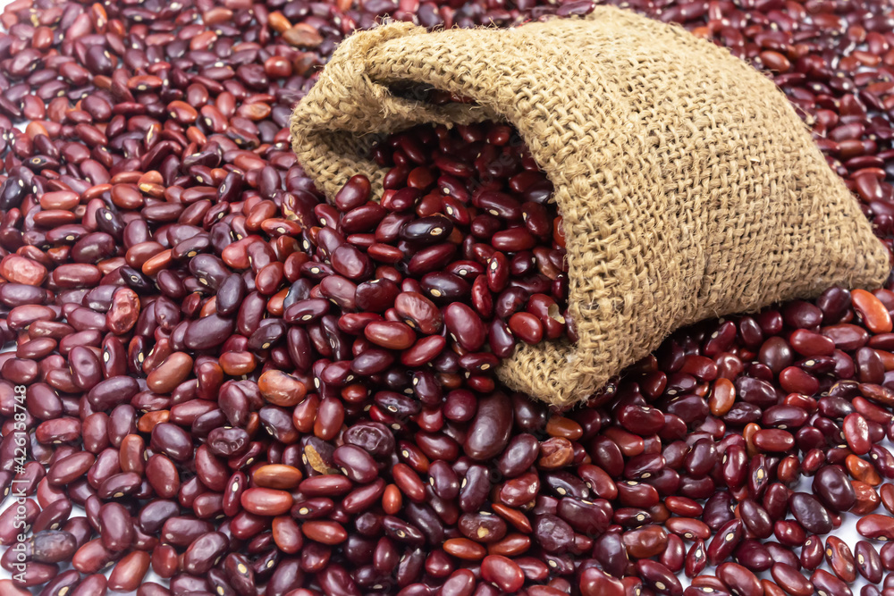 Fresh organic red kidney beans or rajma in a sackcloth bag.