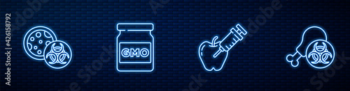 Set line Genetically modified apple, GMO, and Gmo research chicken. Glowing neon icon on brick wall. Vector