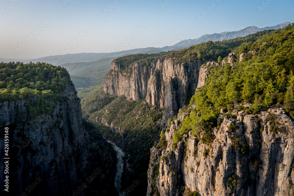 Early morning, just after sunrise. Tazi Canyon (Bilgelik Vadisi) in Manavgat, Antalya, Turkey. Amazing landscape and cliff. Greyhound Canyon, Wisdom Valley.