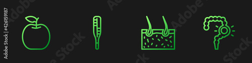 Set line Hair covering skin, Apple, Medical thermometer and Gut constipation. Gradient color icons. Vector