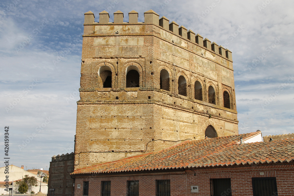 Detail of a tower of the walls of the town of Madrigal de las Altas Torres, Ávila (Spain). Built in Mudejar style during the Middle Ages.