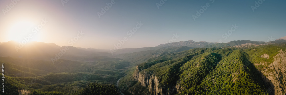Early morning, just after sunrise. Tazi Canyon (Bilgelik Vadisi) in Manavgat, Antalya, Turkey. Amazing landscape and cliff. Greyhound Canyon, Wisdom Valley. High resolution panorama