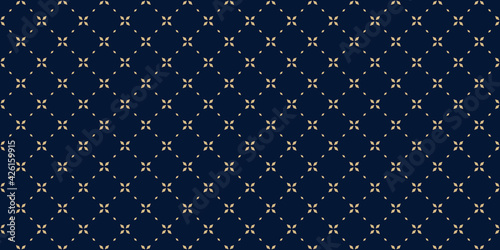 Golden minimal floral geometric seamless pattern. Simple vector black and gold abstract background with small flowers, tiny crosses, grid, lattice. Subtle minimalist repeat wide texture. Luxury design