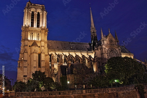 Notre Dame Cathedral by night in Paris, France