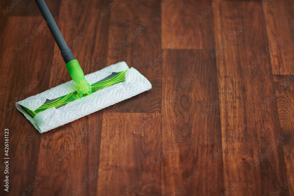 Closeup on mop and floor in modern living room - obrazy, fototapety, plakaty 