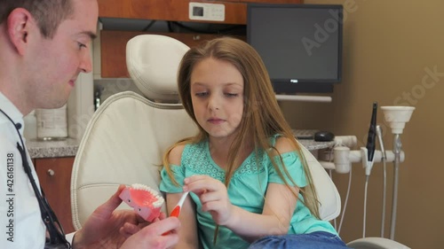 Male Dentist Holding Teeth Model Explains to a Young Girl how to Brush Teeth photo