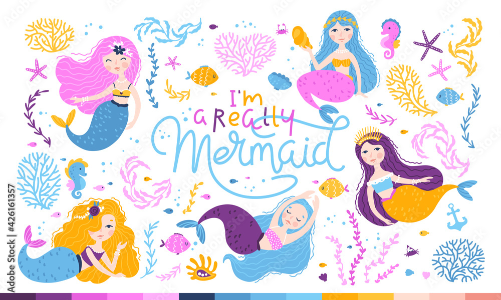 Mermaid set. Vector illustrations of cute fantastic girls characters in a simple hand-drawn cartoon style surrounded by marine life, corals, seashells, algae. Colorful palette. Lettering
