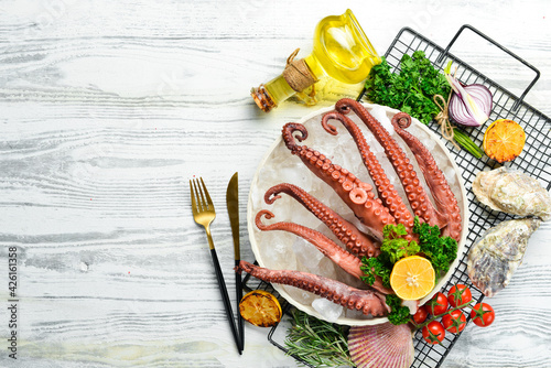 Fototapeta Naklejka Na Ścianę i Meble -  Octopus tentacles on ice. Seafood. Top view. Flat lay.