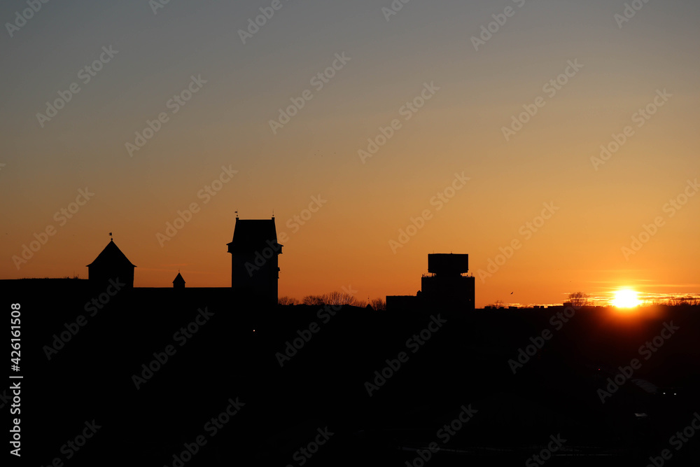 silhouette of a Narva castle and Ivangorod fortress on the sunset silhouette of a Narva castle and Ivangorod fortress on the sunset