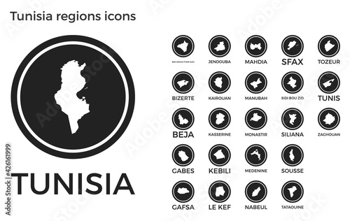 Tunisia regions icons. Black round logos with country regions maps and titles. Vector illustration.