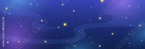 Night sky background with shiny stars. Blue galaxy long banner. Cosmos backdrop. Space texture. Magic light pattern. Universe template. Vector illustration