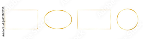 Gold frames set on white background. Glow golden rectangle, square, circle border collection. Luxury line art design elements. Celebration card. Wedding decor. Vintage template. Vector illustration