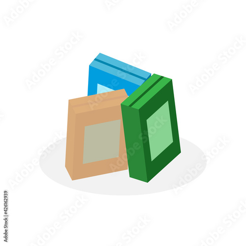 Isometric vector illustration of cardboard boxes of crunch cornflakes and cereals
