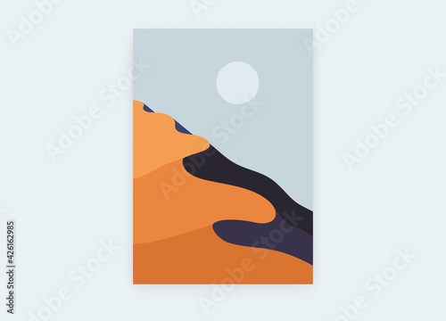 Abstract landscape poster. Desert moon and sky in pastel colors. Geometric template in oriental style. Minimalist vector illustration