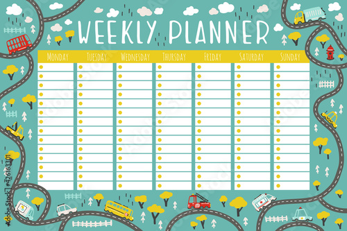 Baby Cars. Planner for a week with city roads. Vector colorful illustration in simple scandinavian cartoon style. The limited palette is ideal for a child's school schedule.