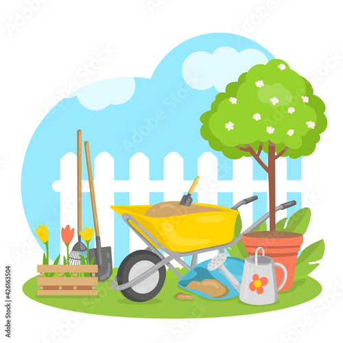 Gardening concept. Spring planting. Garden tools, wheelbarrow, plants and flowers. Vector illustration.