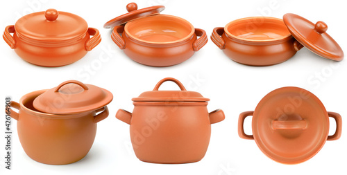Set ceramic pots from different angles isolated on white