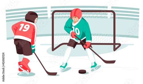 Canvas Print Kids hockey players, hockey sticks, pucks, kids gates, sports and activities