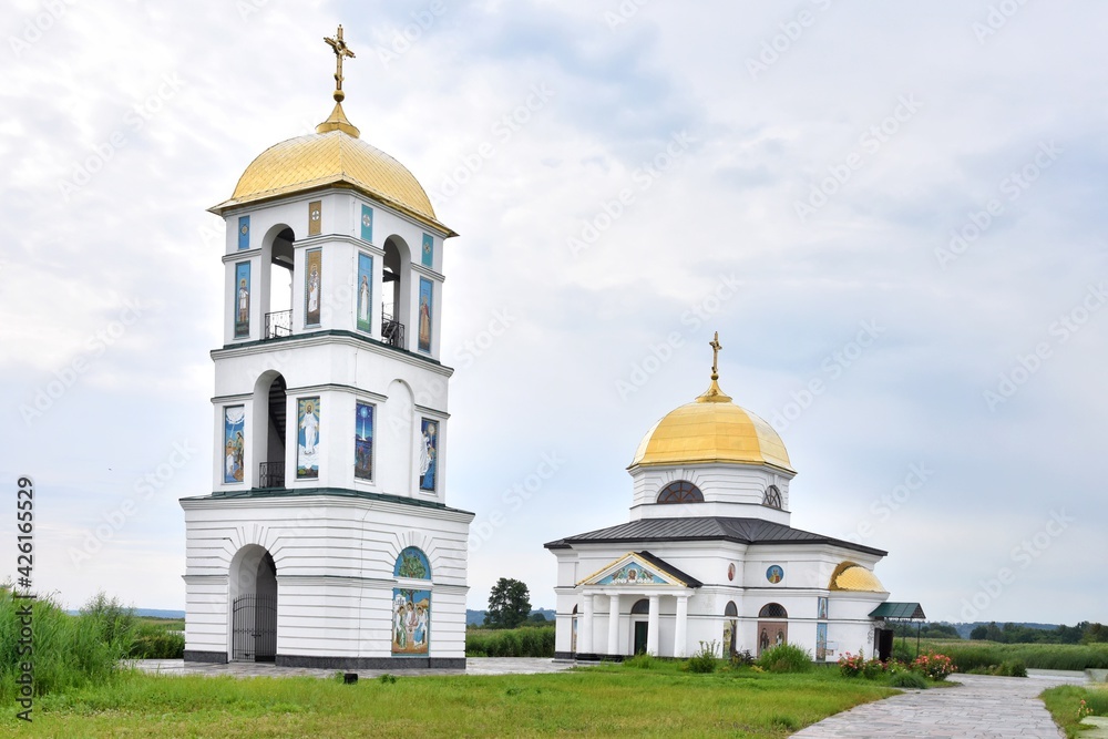 Restored church in the village of Gusintsy Ukraine.  Sightseeing of Ukraine Flooded Church on the Dnipro River