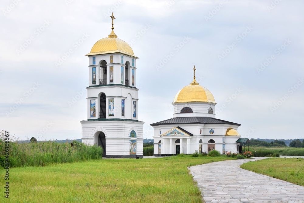 Restored church in the village of Gusintsy Ukraine.  Sightseeing of Ukraine Flooded Church on the Dnipro River