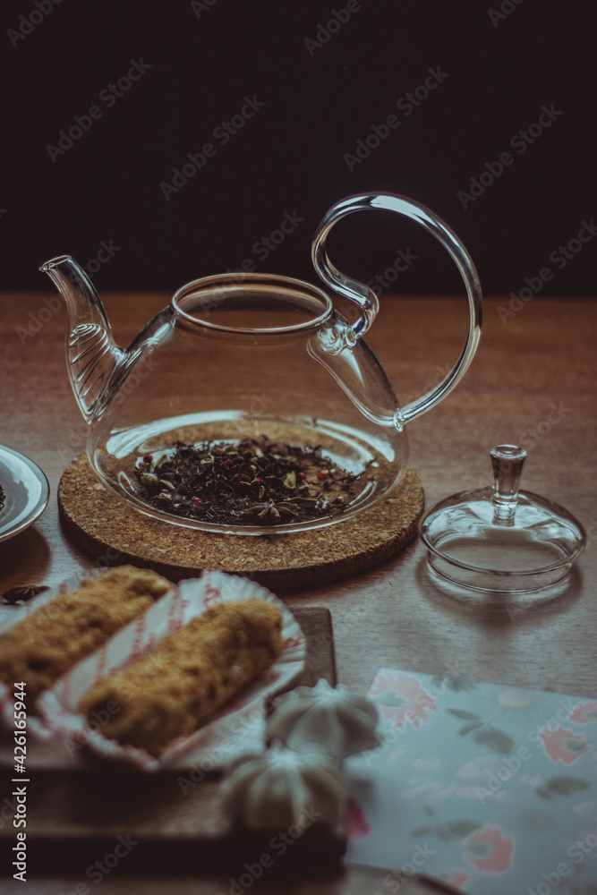 Tea time, green tea, sweet, black tea, tea, cup, teapot, tea party, sweets, cakes, lemon, on the table, table, still life, brown, green, flatley Tea time, green tea, sweet, black tea, tea, cup, teapot, tea party, sweets, cakes, lemon, on the table, table, still life, brown, green, flatley