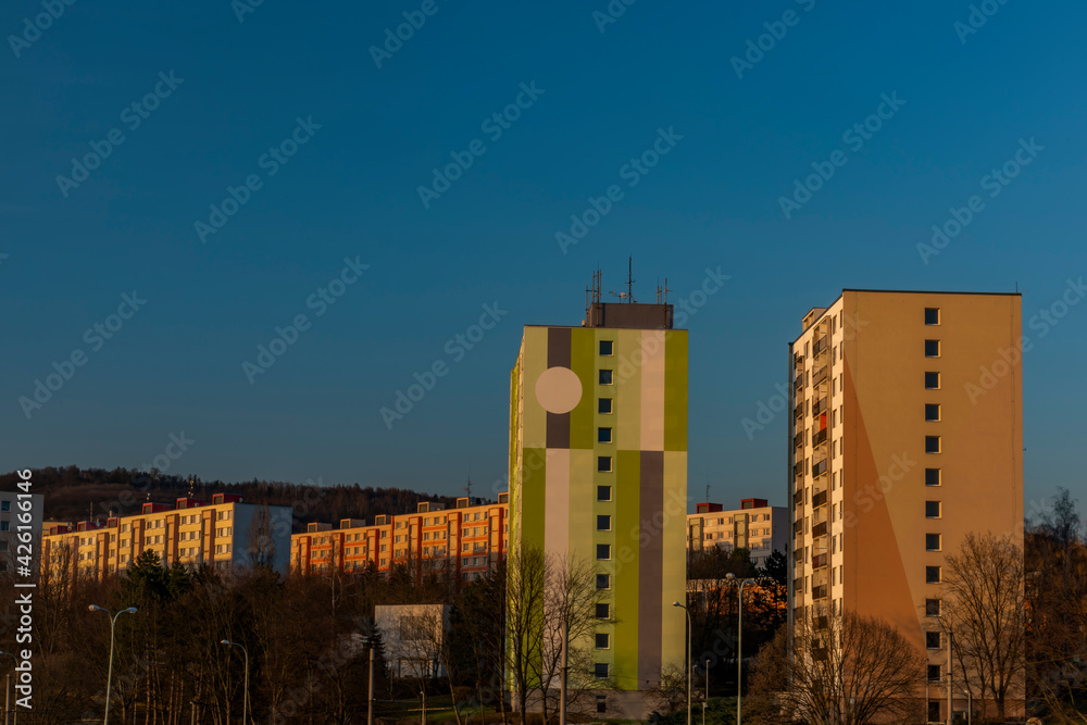 Sunset in housing estate in Usti nad Labem city with big house Hotelak