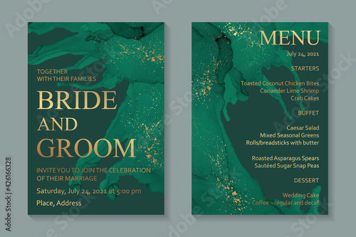 Modern watercolor background or elegant card design for birthday invite or wedding or menu with abstract green ink waves and golden splashes.