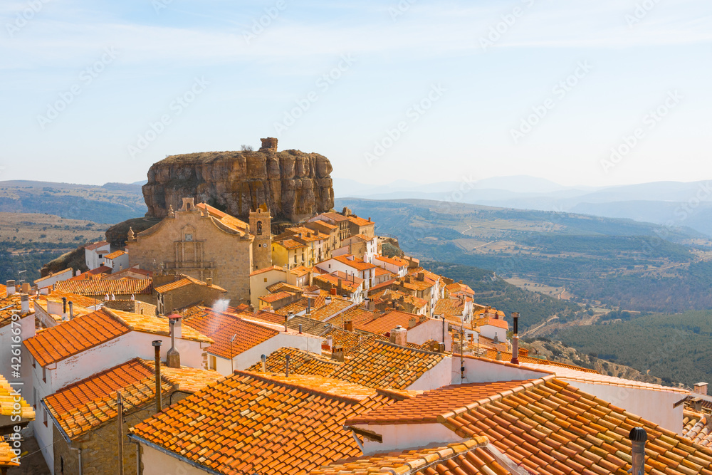 Ares del Maestrat (Maestre), Castellon province, Valencian Community. Beautiful historic medieval village on top of a hill. Maestrazgo natural and historical mountainous region.