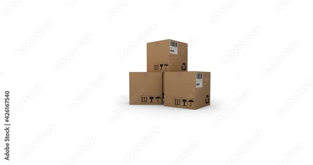 Animation of three stacked up cardboard boxes moving on white background Animation of three stacked up cardboard boxes moving on white background