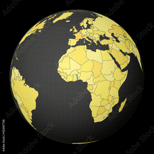 Togo on dark globe with yellow world map. Country highlighted with blue color. Satellite world projection centered to Togo. Vibrant vector illustration.