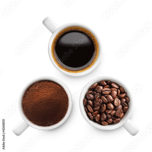 Set of three cup of black coffee. Coffee beans, ground coffee, espresso