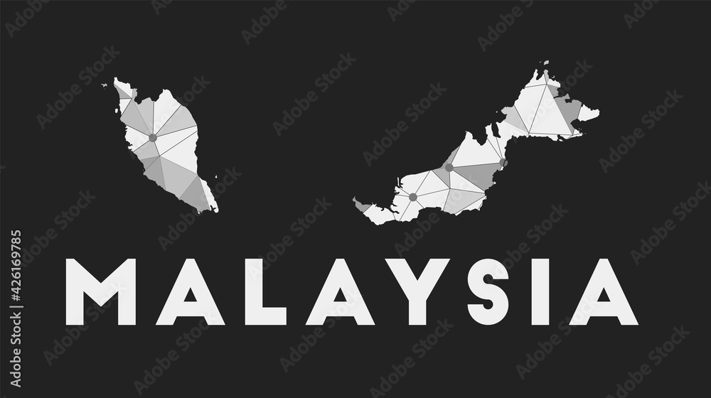 Fototapeta premium Malaysia - communication network map of country. Malaysia trendy geometric design on dark background. Technology, internet, network, telecommunication concept. Vector illustration.