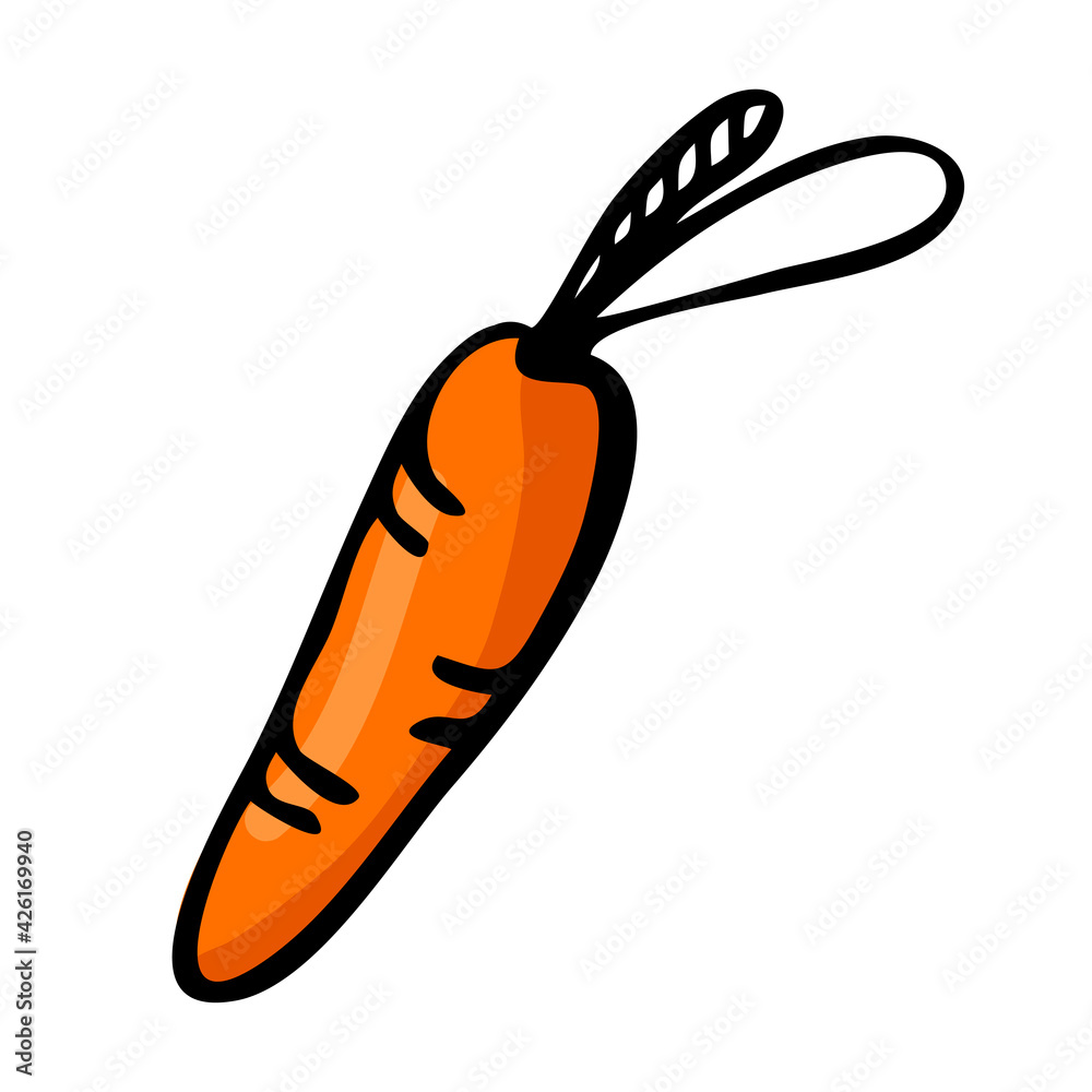 Doodle art orange carrot isolated on white background. Simple vegetable clipart for recipe, menu, cafe or restaurant identity, decor. Healthy food, vegetarian Doodle art orange carrot isolated on white background. Simple vegetable clipart for recipe, menu, cafe or restaurant identity, decor. Healthy food, vegetarian