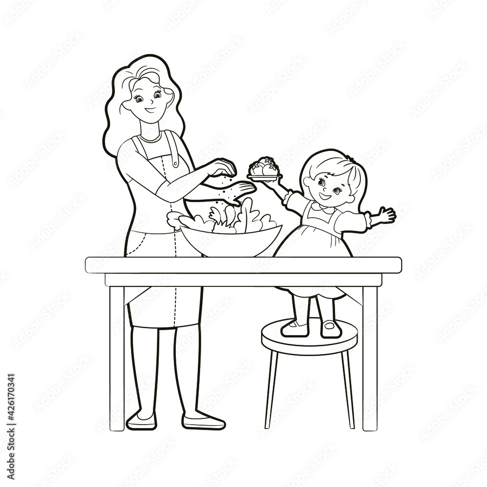 Coloring book mom and daughter preparing salad.Vector illustration, black and white line art