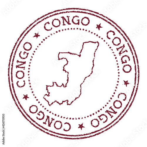 Congo round rubber stamp with country map. Vintage red passport stamp with circular text and stars, vector illustration.