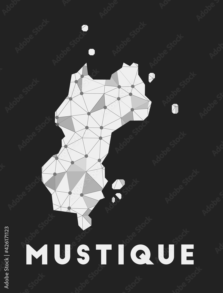 Mustique - communication network map of island. Mustique trendy geometric design on dark background. Technology, internet, network, telecommunication concept. Vector illustration.