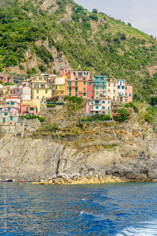 Manarola in Cinque Terre, Italy, view at the town from mountain trail