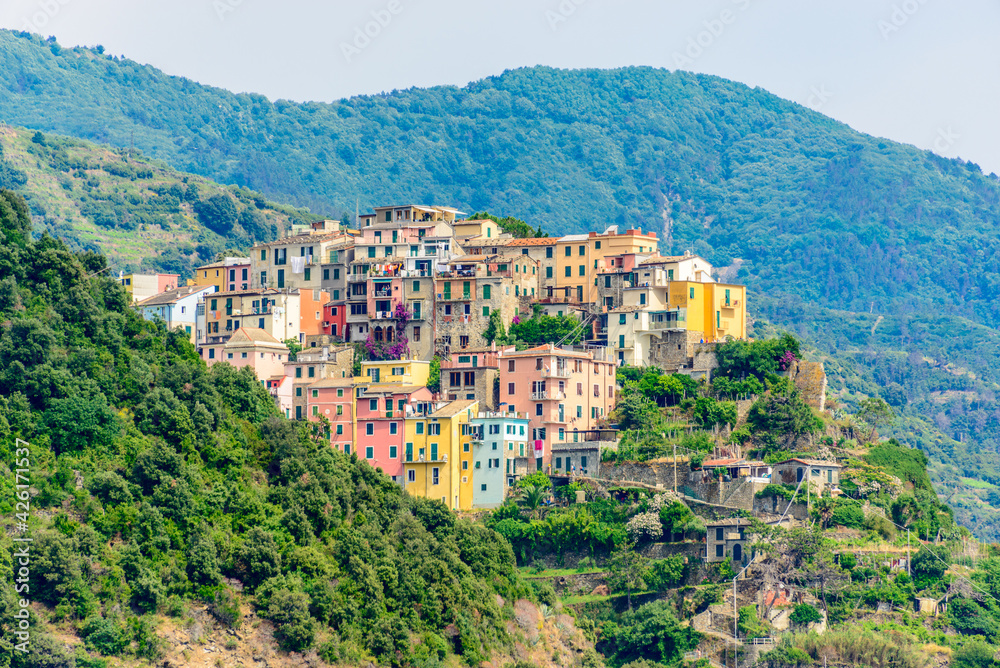 Corniglia in Cinque Terre, Italy, view at the town from mountain trail