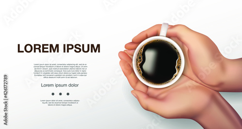 Outside hands are holding a cup of coffee on a white isolated background. Vector illustration
