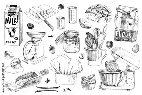 Kitchen tools and ingredients set.
