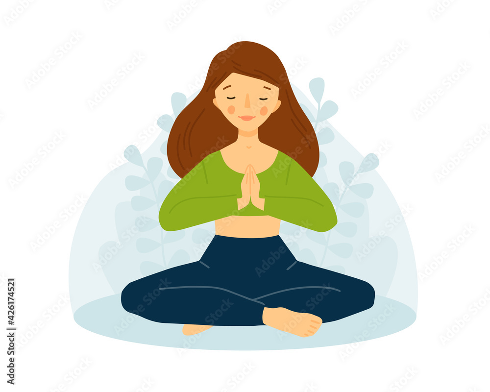 The girl practices yoga. Meditation concept. Girl in lotus pose. Namaste.
