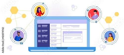 Online communication via video conference with people happily greets his colleagues in messenger Video conferencing friends communicate concept vector illustration Distant work