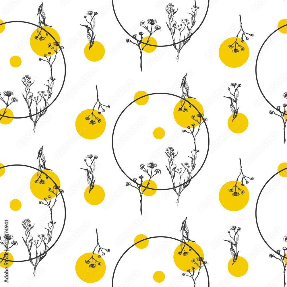 beautiful seamless pattern with the image of hand-drawn flowers. Summer motifs in trendy gray and yellow colors. Ideal for banners, flyers, backgrounds, prints, invitations, fabrics. EPS10