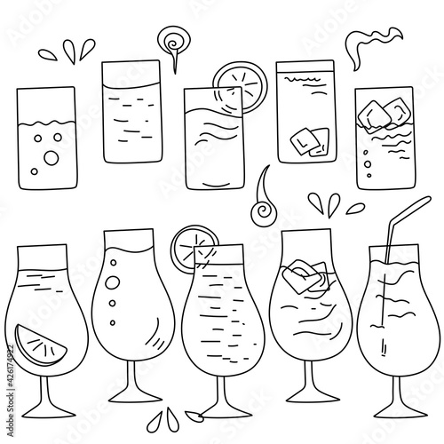 Set of doodle cocktails in different glasses illuminating contour drinks