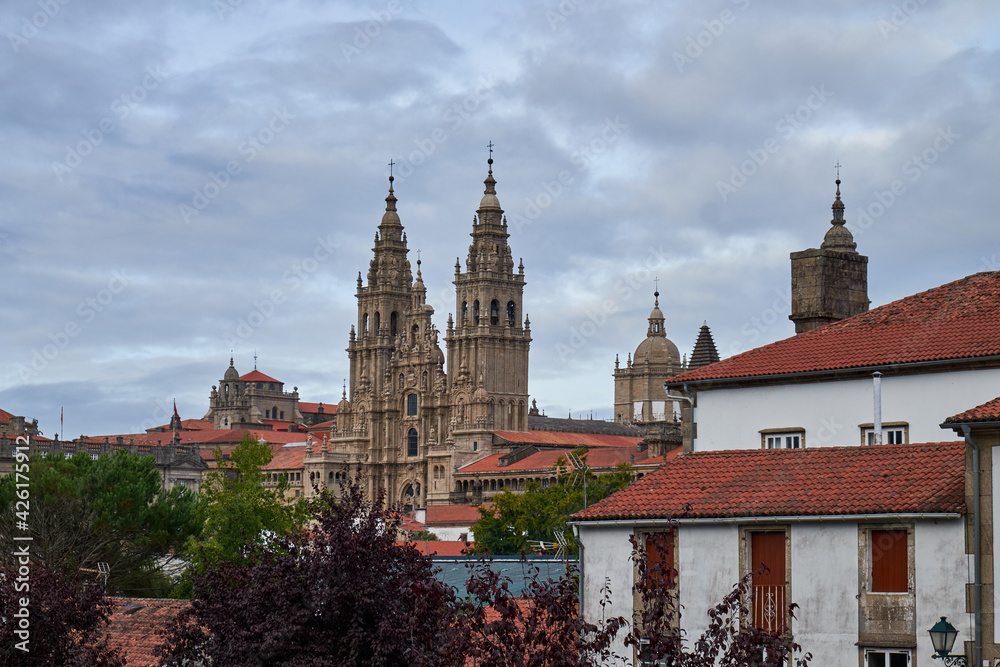 Monumental church of Santiago de Compostela in the province of Coruña, from La Alameda park.