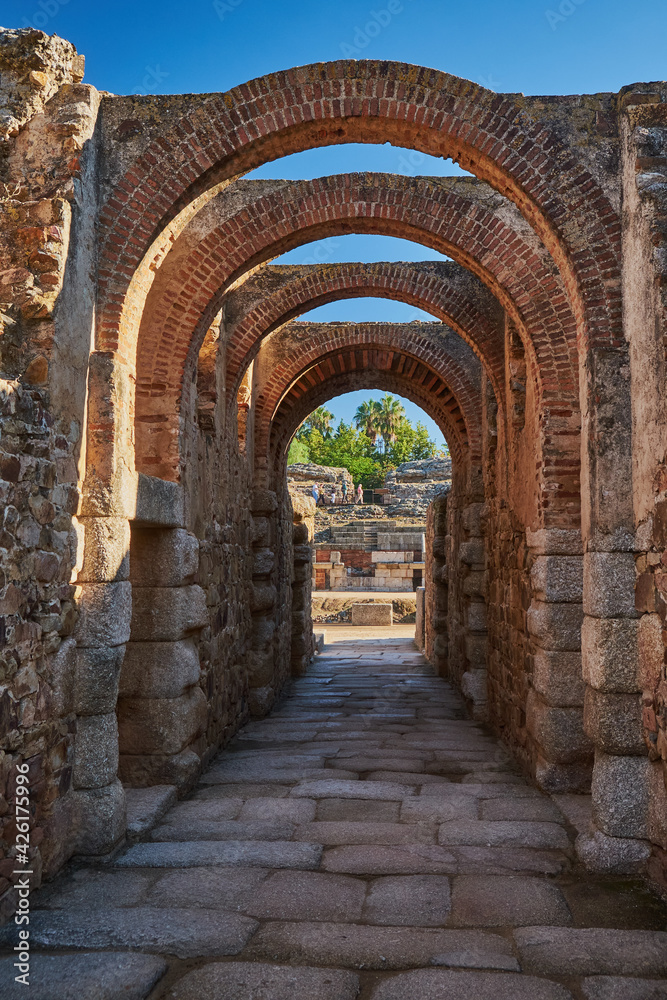 Entrance arches to the Roman amphitheater of Mérida, in the province of Badajoz. Estremadura. Spain
